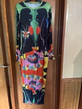 Abstract Multicolor Long Sleeve Maxi Dress - Vibrant Print Large